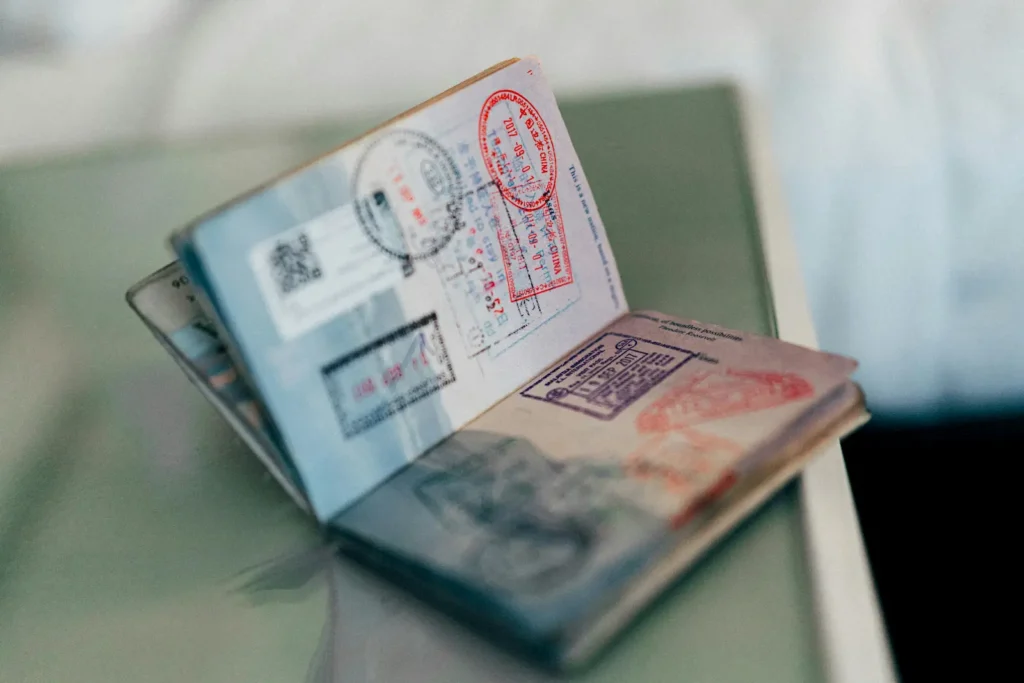 Open passport on a desk